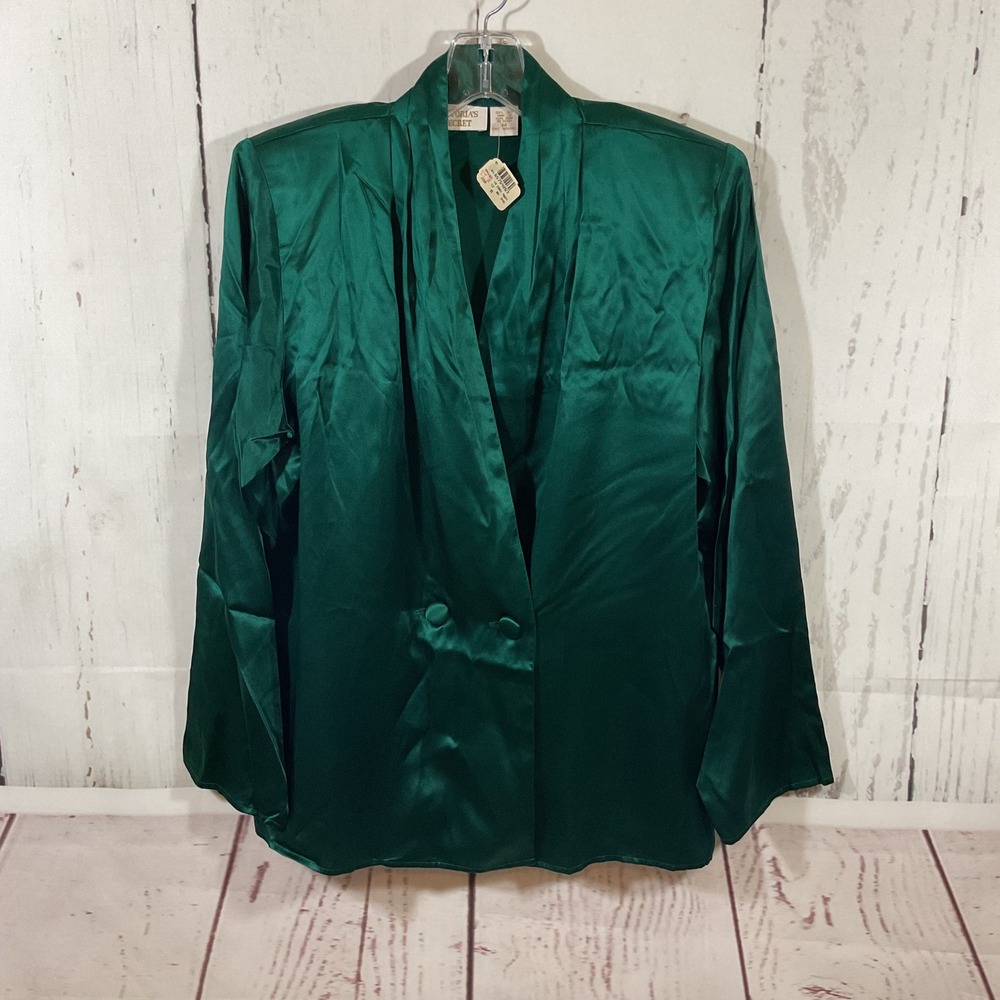 Vintage Victorias Secret Gold Label Emerald Green Silk Pajama Top Blouse M